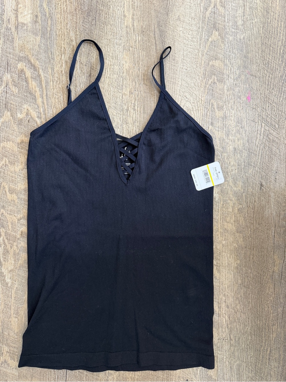 Free People Black Lace-Up Ribbed Cami